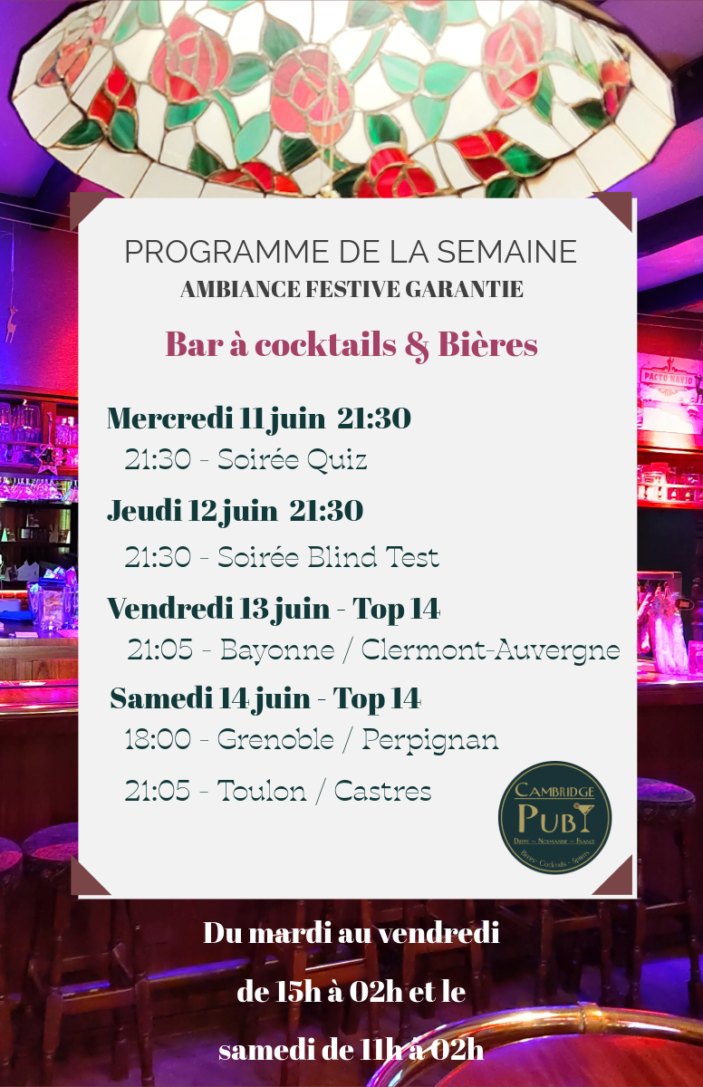 programme de la semaine pour un bar pub anglais à cocktails